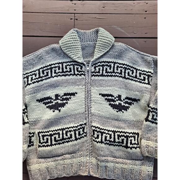 Cowichan Sweater Cardigan L Chunky Wool Knit Eagle Thunderbird Handmade Canada - Picture 2 of 6